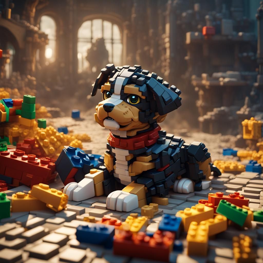 Anime Puppy Playing with Legos: Detailed Matte Painting