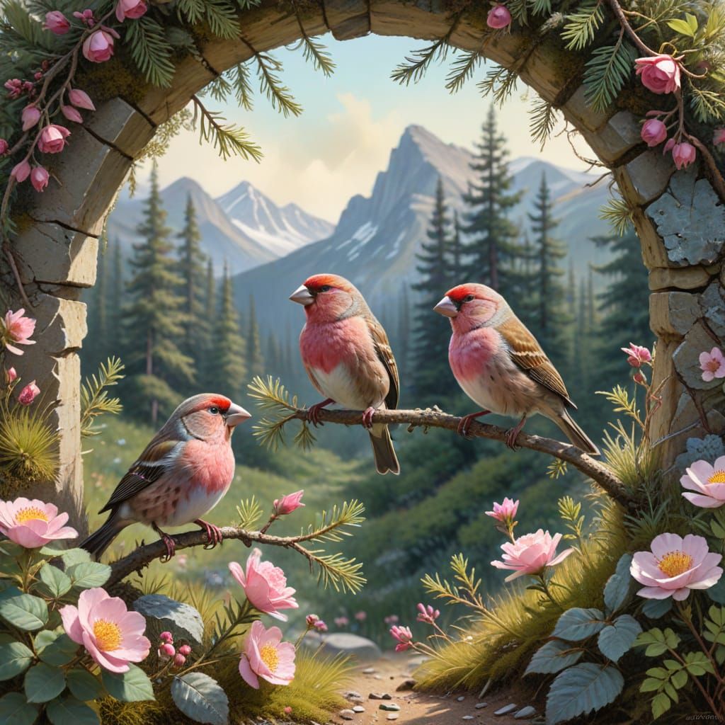 Rosy Finches in Alpine Meadow: Pastel and Gouache Illustrati...