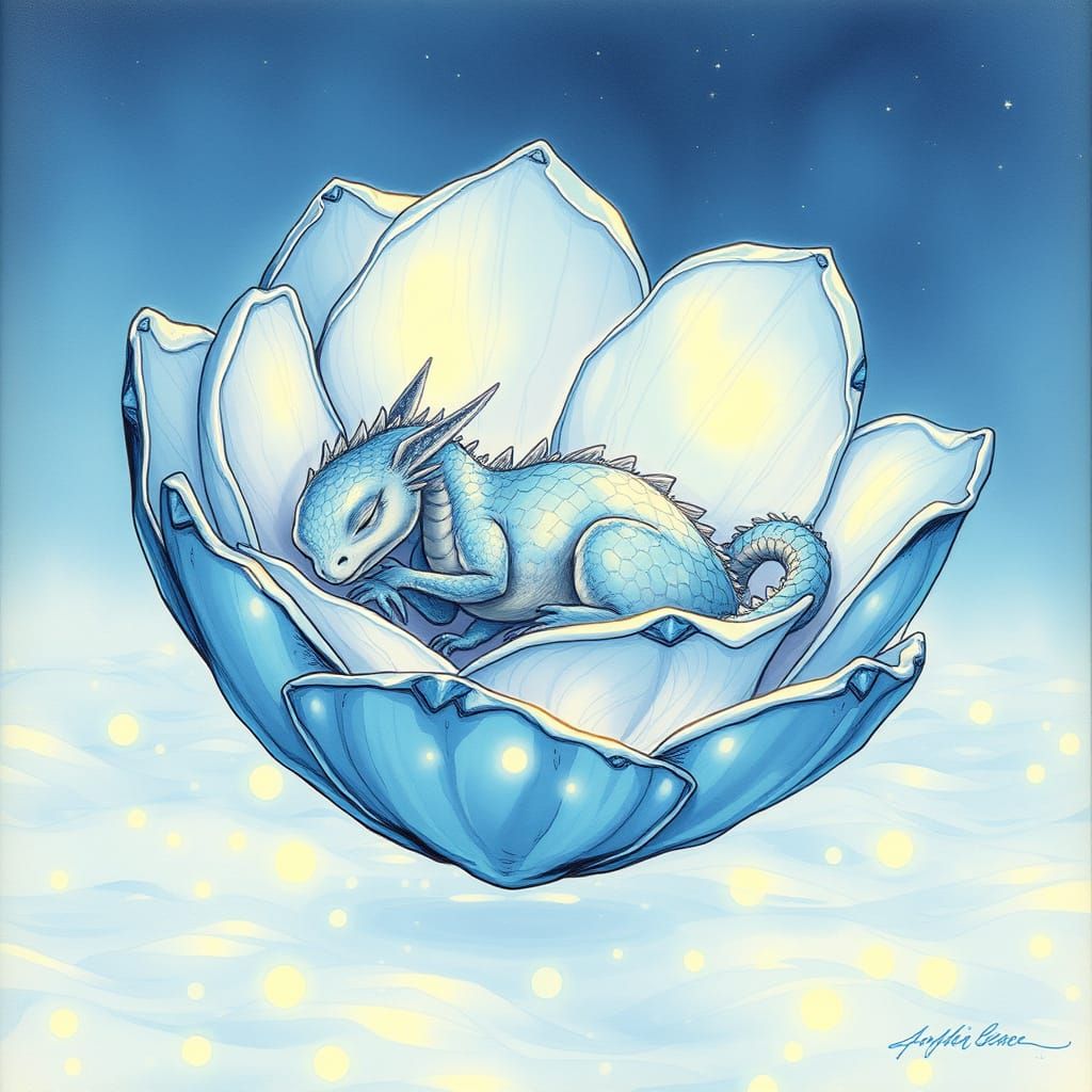 Dragon Asleep in Ice Flower Over Glowing Sea