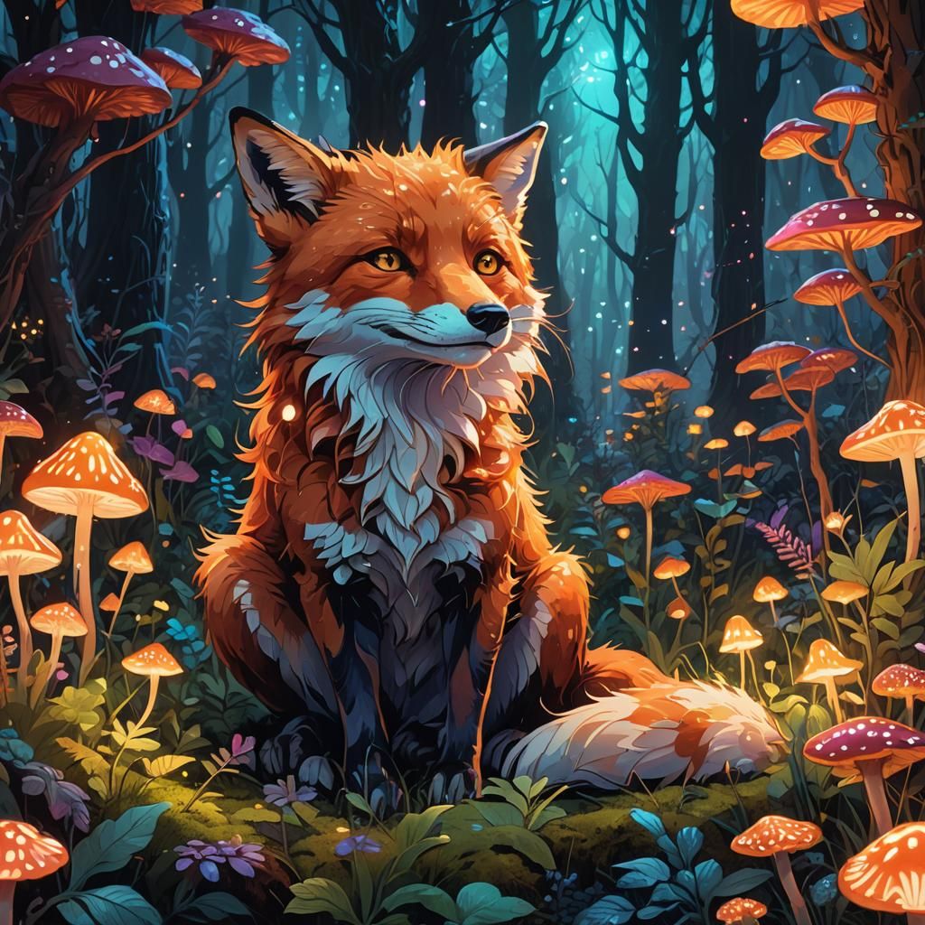 Red Fox in Neon Forest: Fantasy Illustration