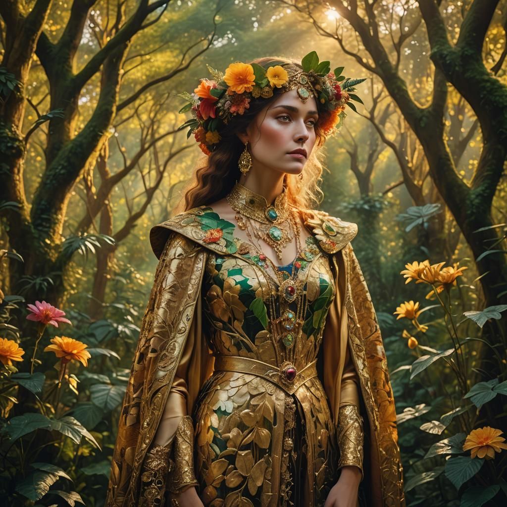 Regal Woman in Forest, Klimt-Inspired Golden Hour