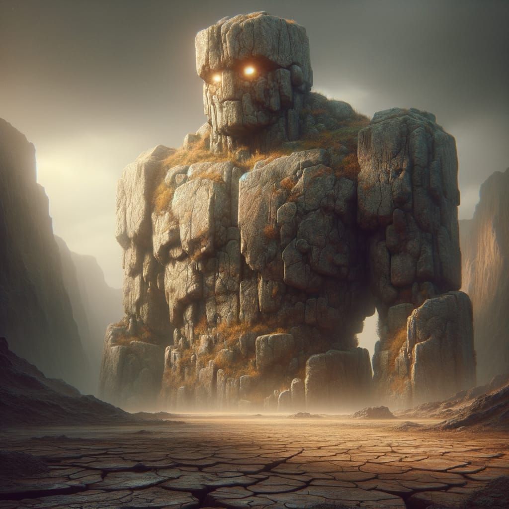 Stone Golem Guardian in Desolate Landscape