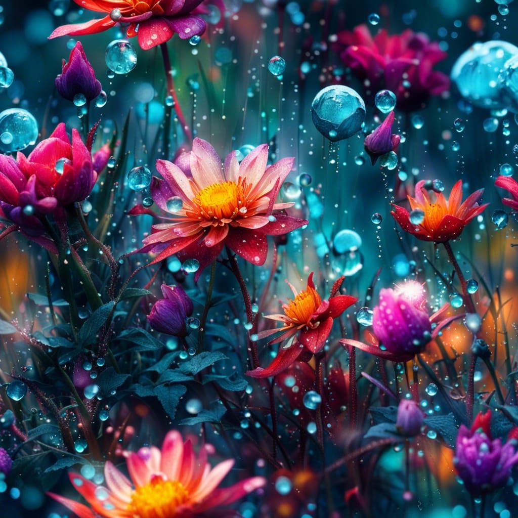 Blooming Flowers with Dew Drops in Fantasycore Style