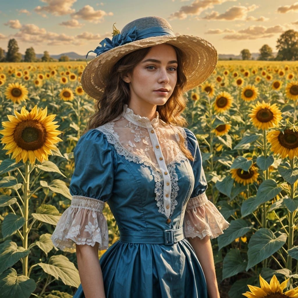Victorian Lady in a Sunflower Field