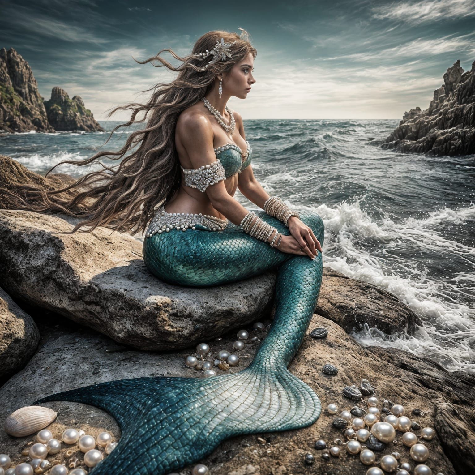 Ethereal Mermaid Sitting on Beach Rock