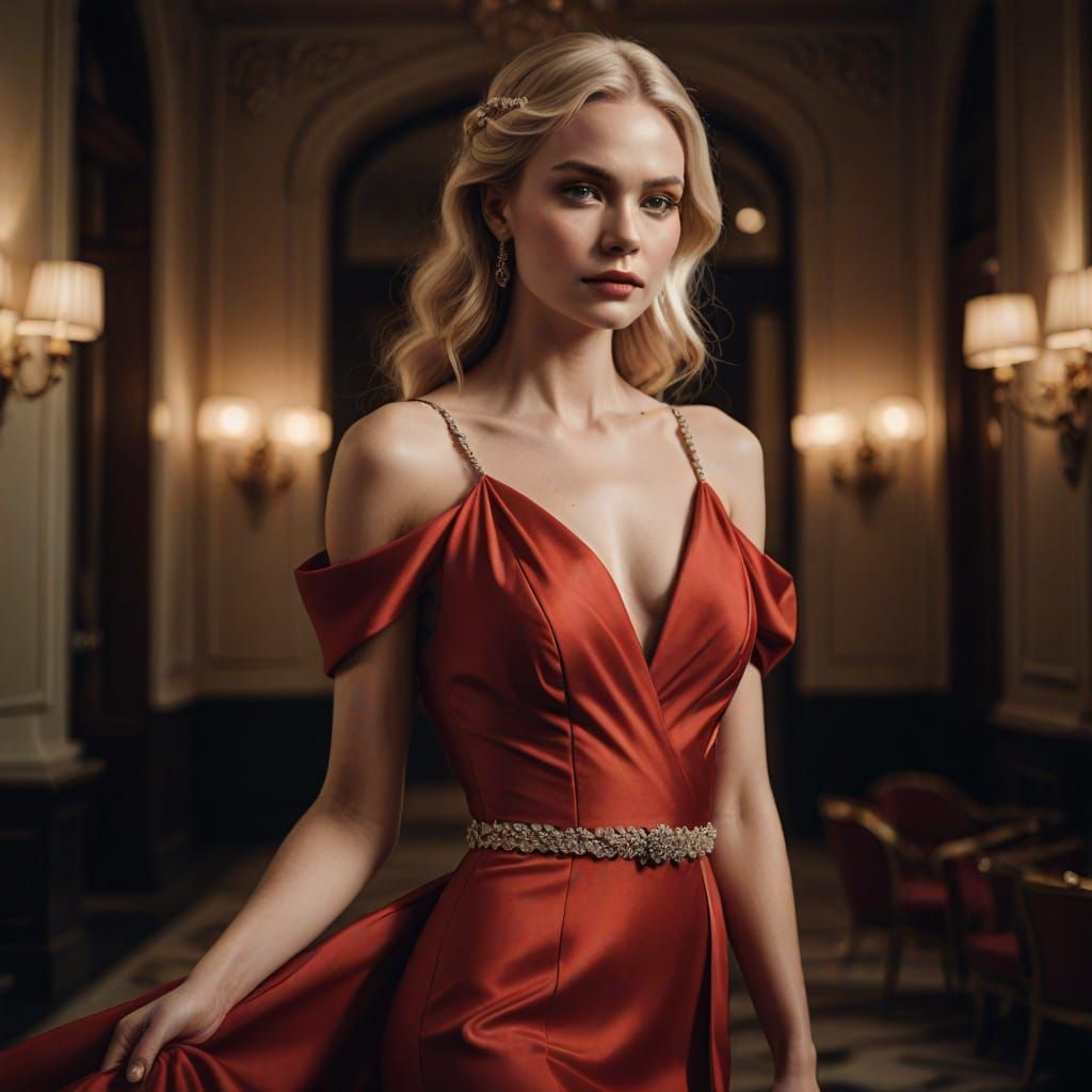 Elegant Blonde Woman in Red Evening Gown
