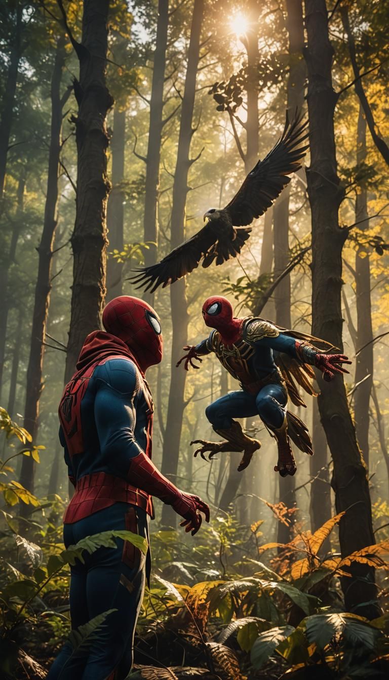 Spiderman and Eagle Face-Off: Cinematic Forest Encounter