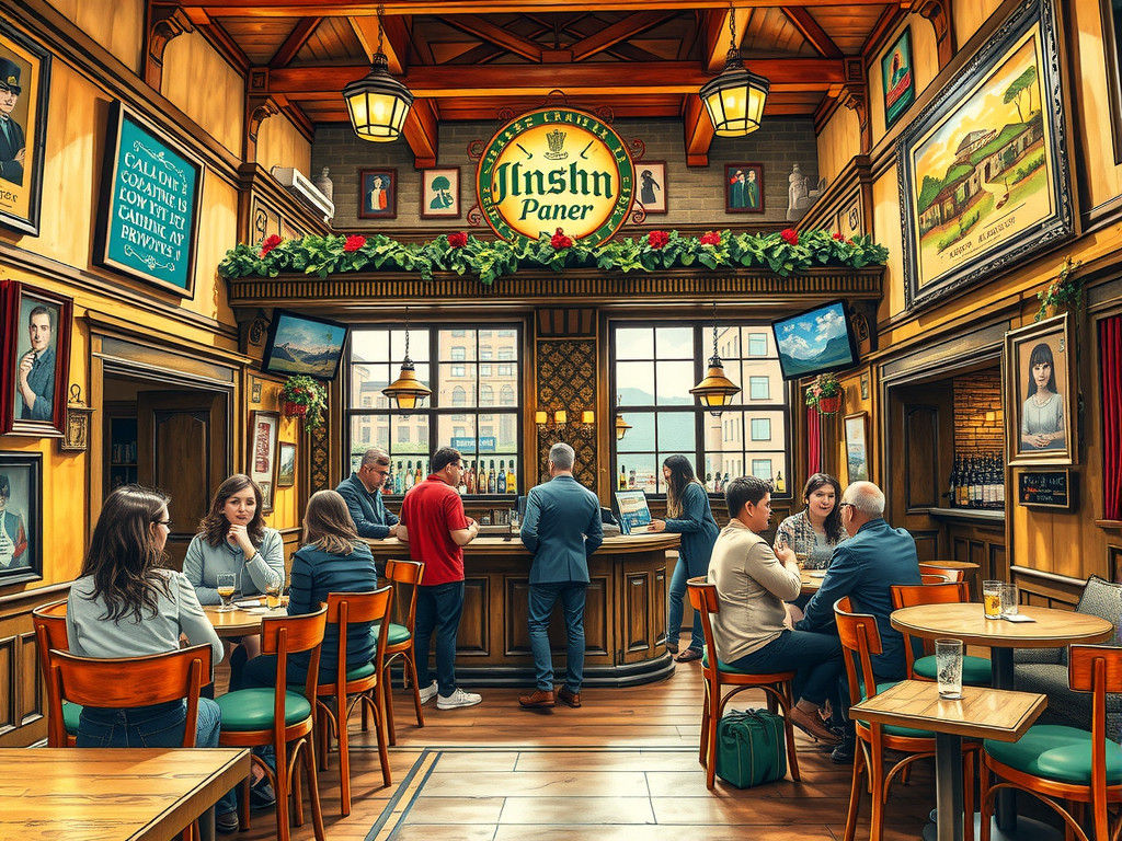 Modern Irish Pub in Detailed Three-Color Drawing