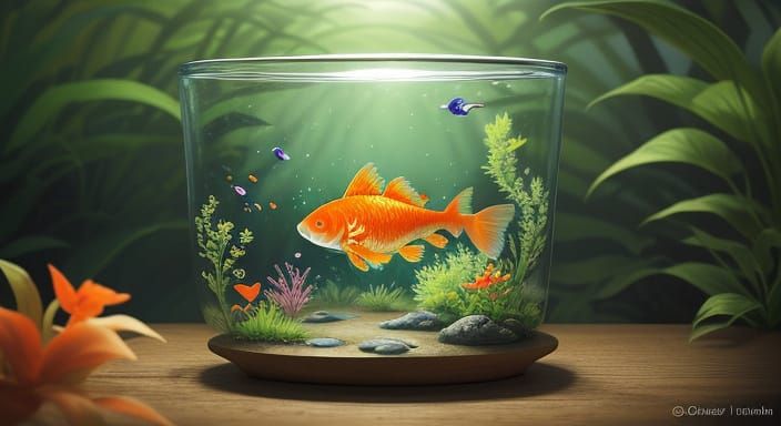 Whimsical Goldfish in Glass Container amidst Dreamlike Folia...