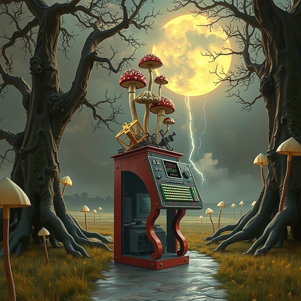 Surreal 17th Century Computer with Mushroom Flags