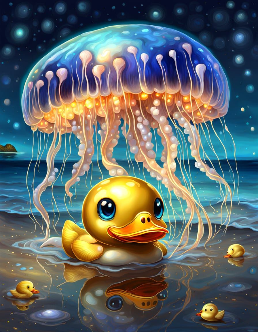 Cute Jellyfish and Duck Beach Scene: Digital Painting