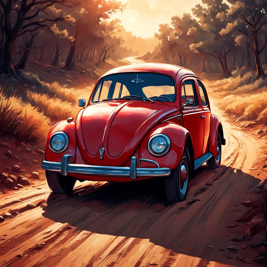 Red VW Beetle on Dirt Road in Comic Style