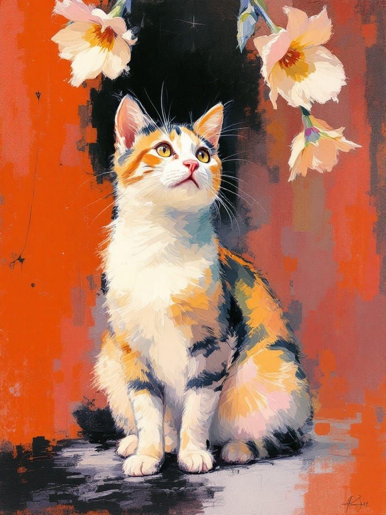 Whimsical Oil Painting of a Cat Amidst Vibrant Petals