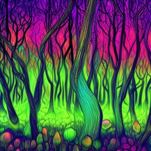Psychedelic Mushrooms in Glowing Forest
