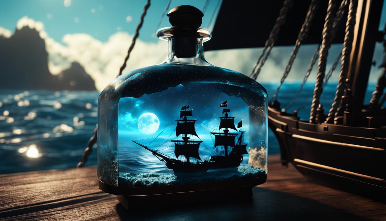Nebula Sea and Pirate Ship in Glass Bottle