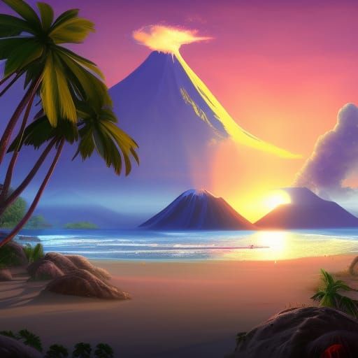 Tropical Beach Volcano: Detailed Fantasy Art