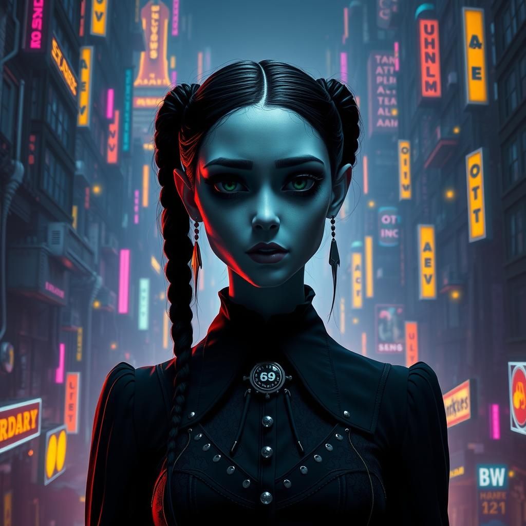 Wednesday Addams in a Cyberpunk Cityscape