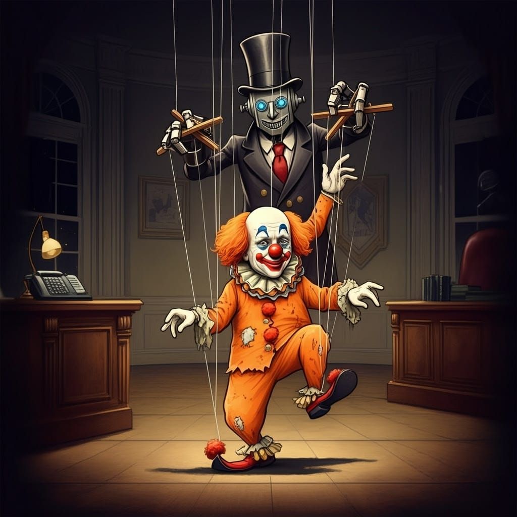 Robotic Puppeteer Controls Sad Real Estate Clown in Oval Off...