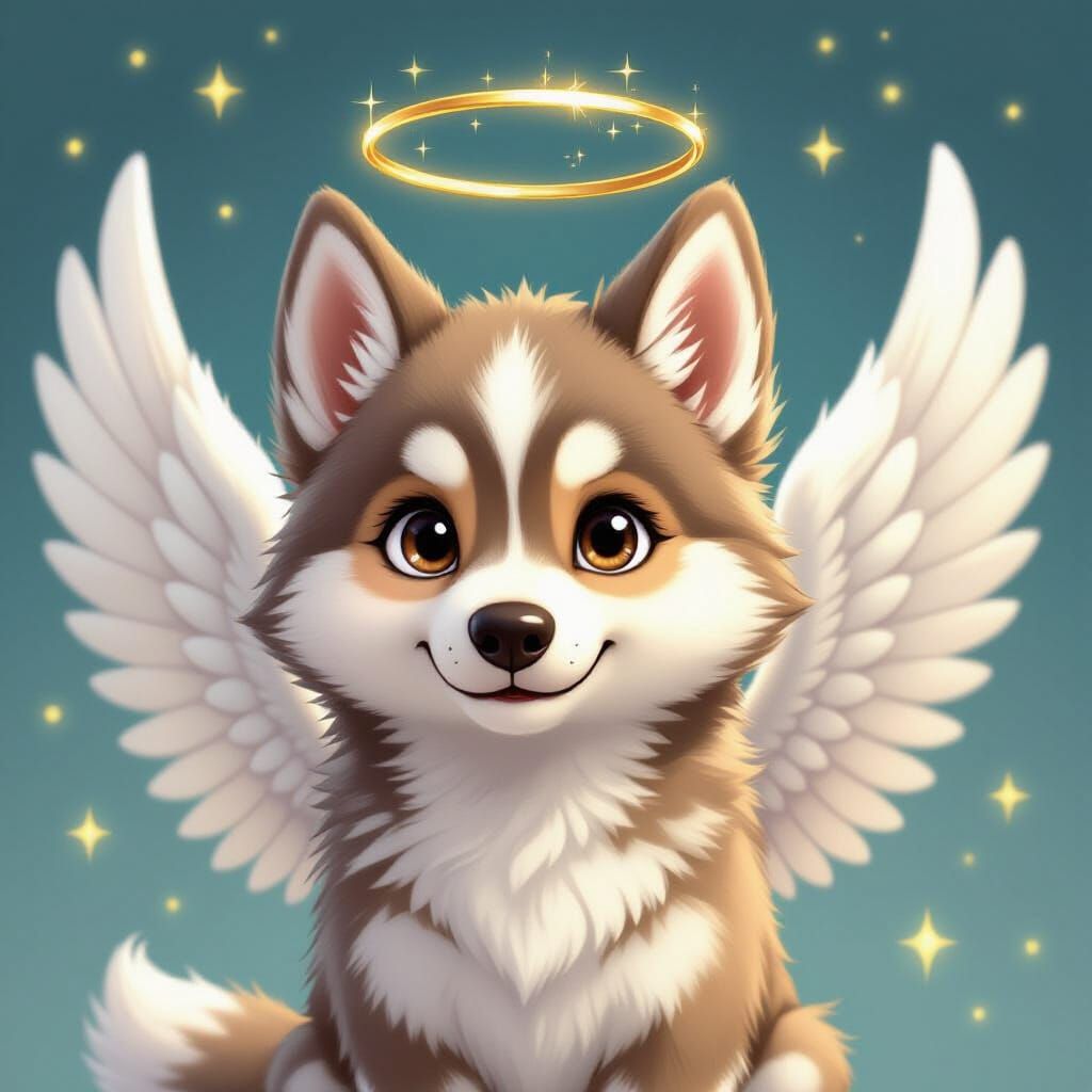 Angel Husky with Halo and Wings, Whimsical Art