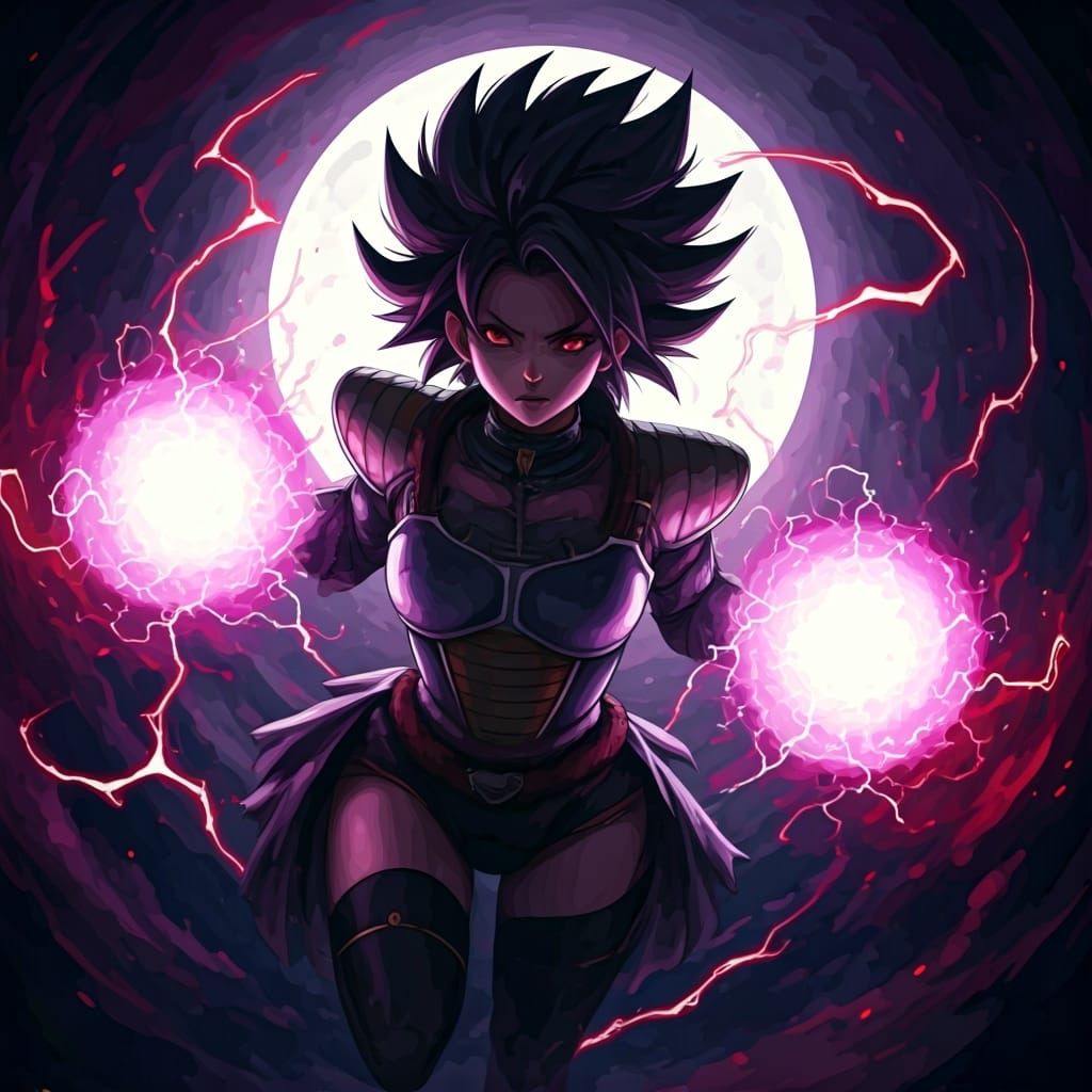 Goth Saiyan Woman with Electric Orbs, Anime Style