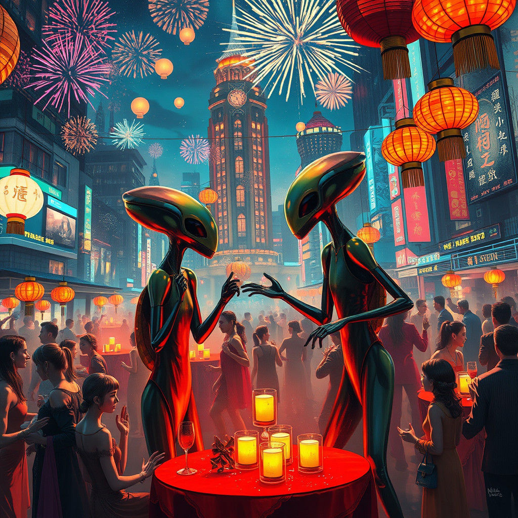 Alien New Year Celebration in Retro-Futuristic Cityscape
