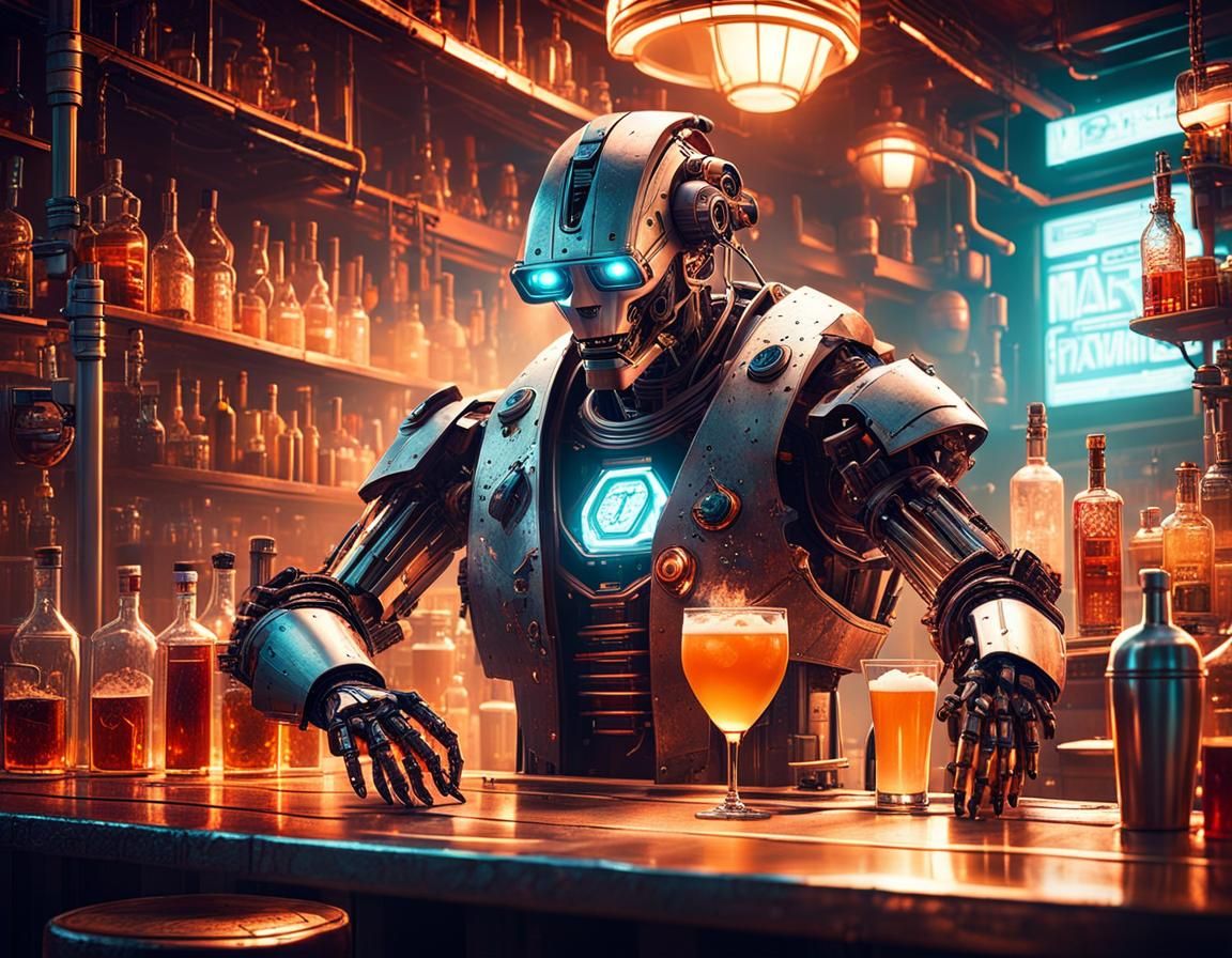 Cyberpunk Robot Bartender in Dystopian Tavern