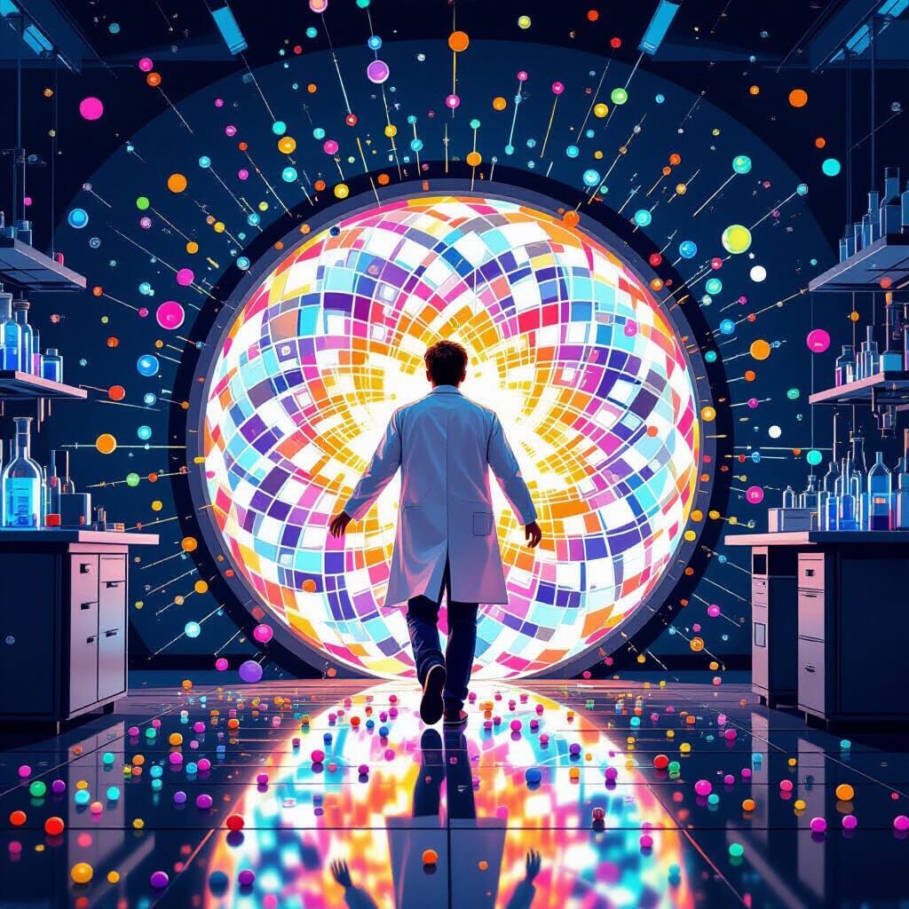 Scientist Enters Portal to Bead Explosion: Digital Illustrat...