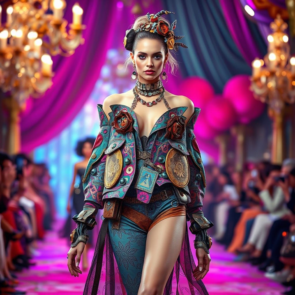 High-Fashion Supermodel Struts Down the Catwalk in Avant-Gar...