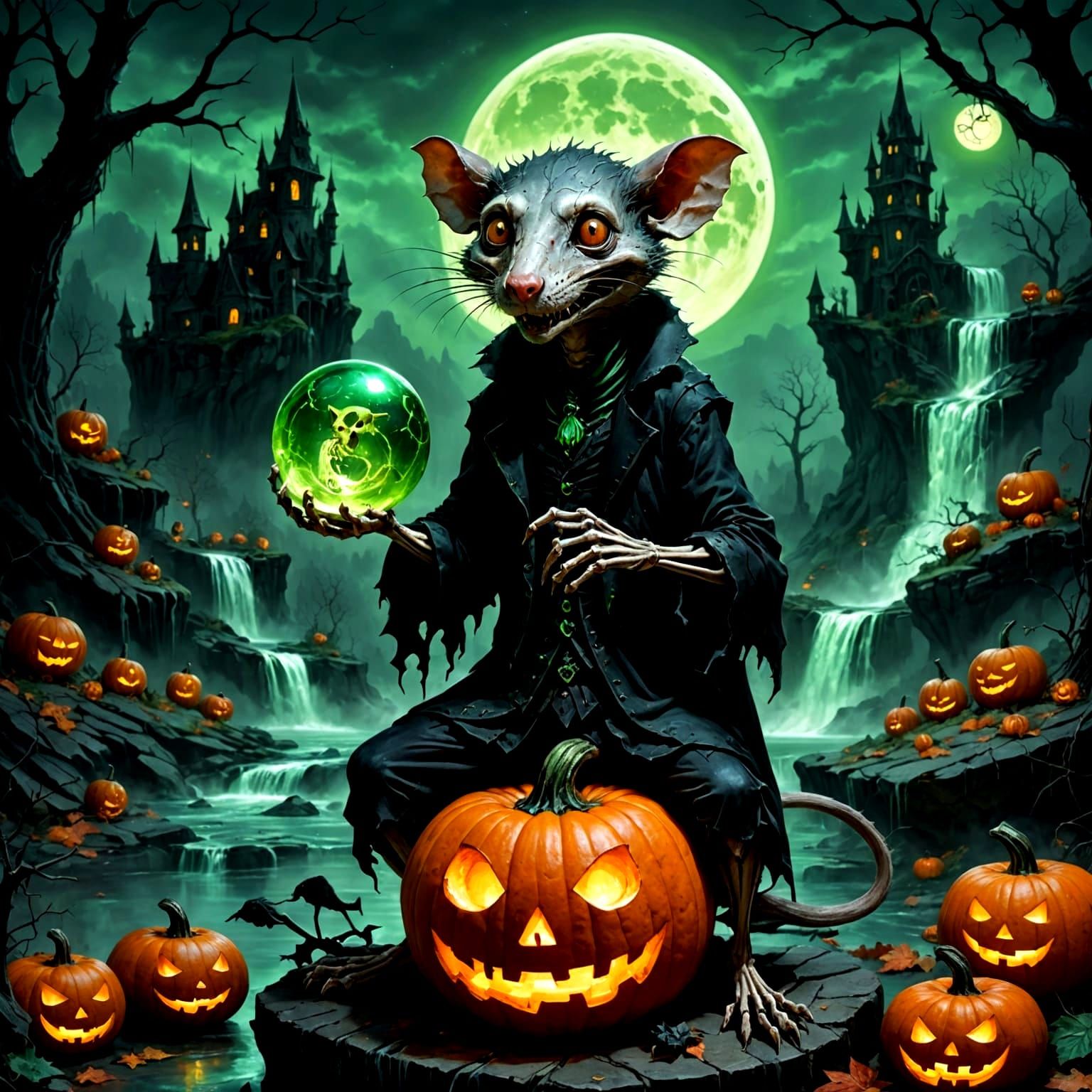 Skeletal Rat with Glowing Orb on Jack-o'-Lantern