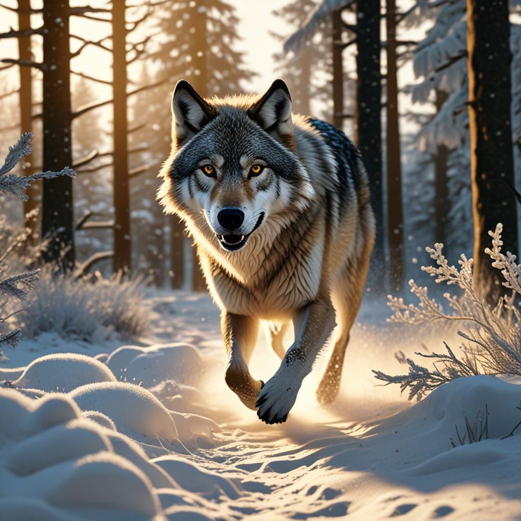 Wolf Running in Snowy Forest: Cinematic 3D Art