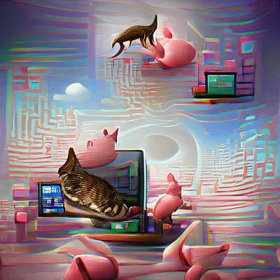 Cat and Pig Gaming on Supercomputer: Surreal 3D Artwork