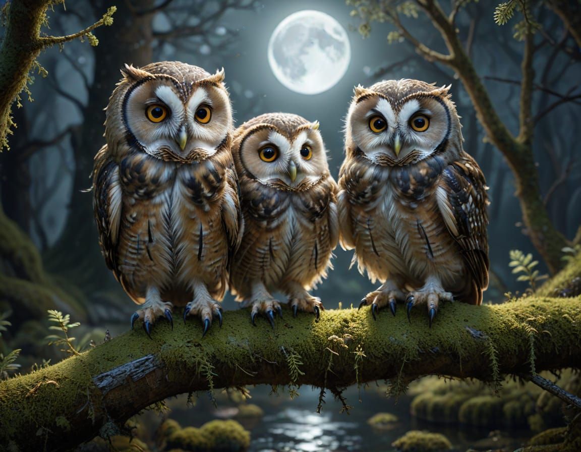 Baby Owls in Moonlight: Neo-Impressionist Oil Painting