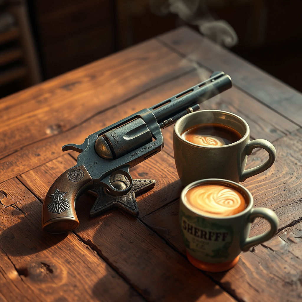 Antique Revolver and Sheriff Star in Matte Painting Style