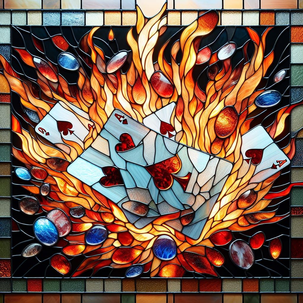 Fiery Playing Cards in Stained Glass Mosaic