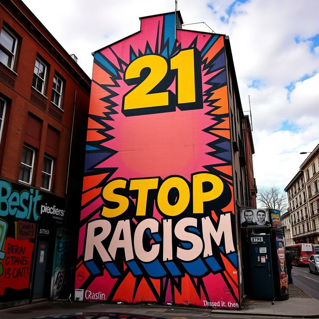 graffiti cool and nice done in the unionplatz in berlin Moabit, germany, clear readable text reads: (21 STOP RACISM) as ...
