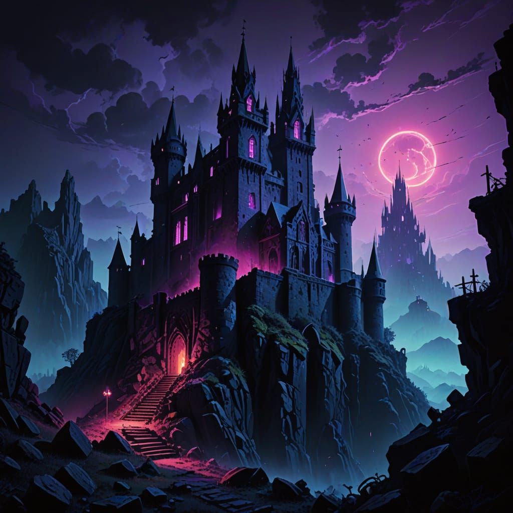 Neon-Lit Gothic Castle in Dark Fantasy Landscape