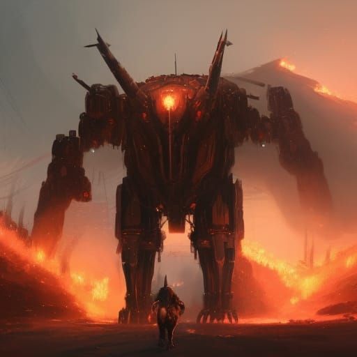 Giant Mech Walks Through Fire: Dark Fantasy Art