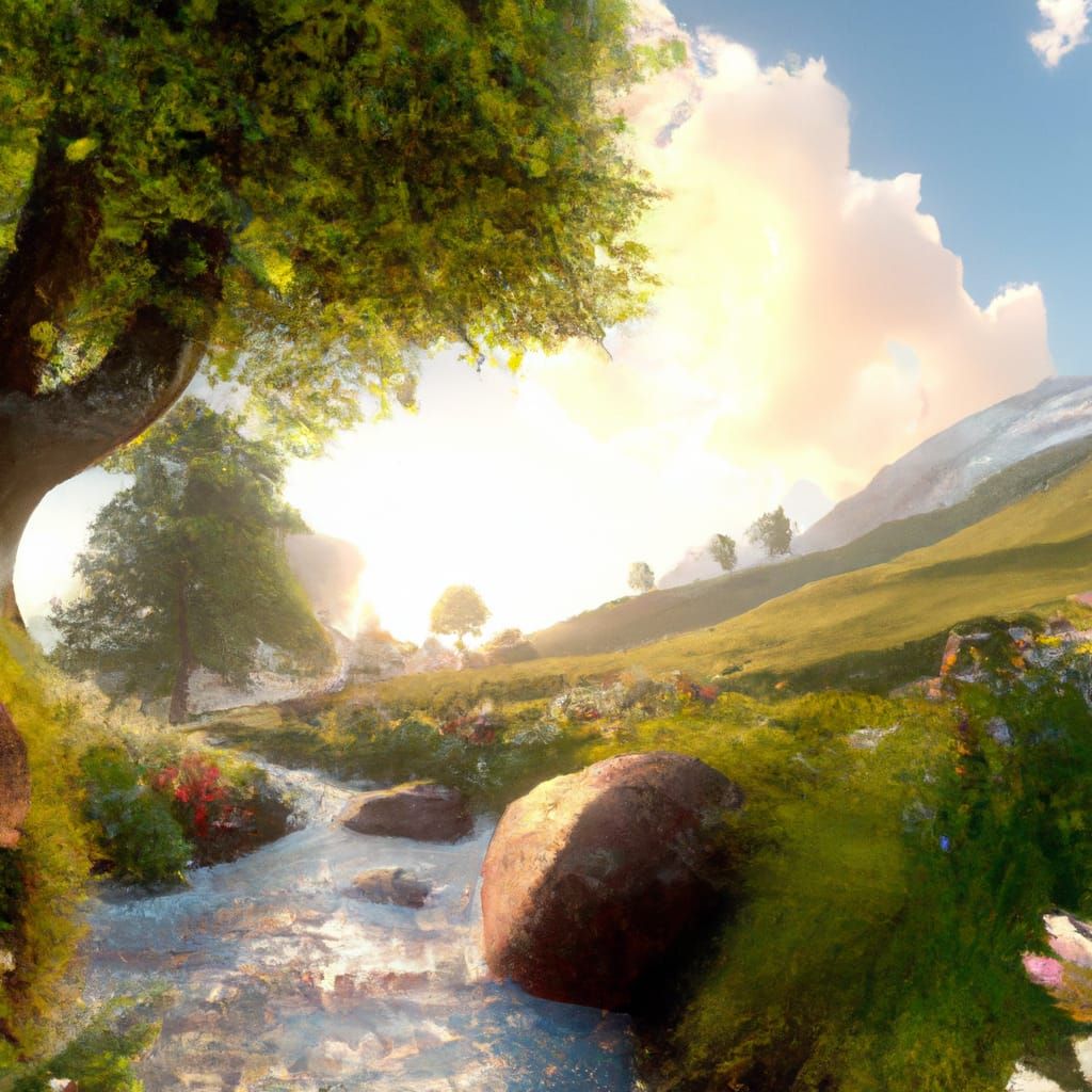 Italian Summer Landscape in Rembrandt Style, 3D Render