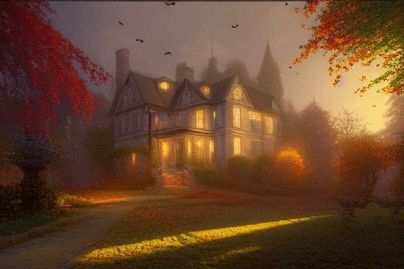 Ethereal Autumn Mansion in Evening Light