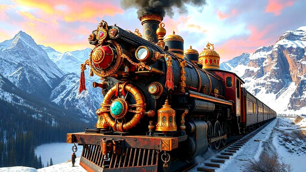 Epic Aztec Steampunk Train in Winter Mountains
