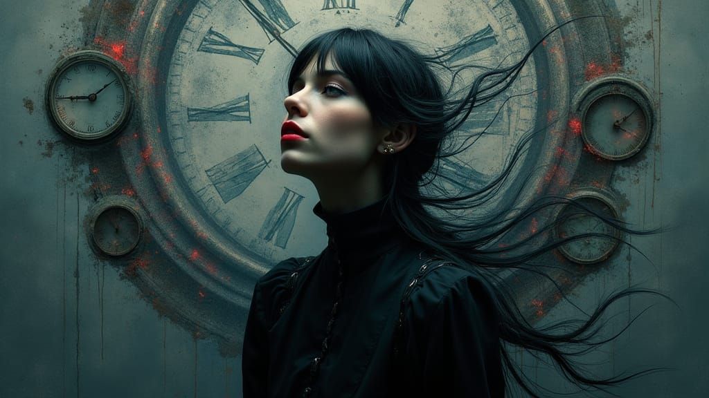 Surreal Woman with Distorted Clocks in Dark Romanticism