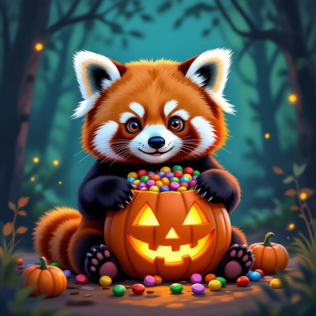 Red Panda With Halloween Pumpkin Full of Candy