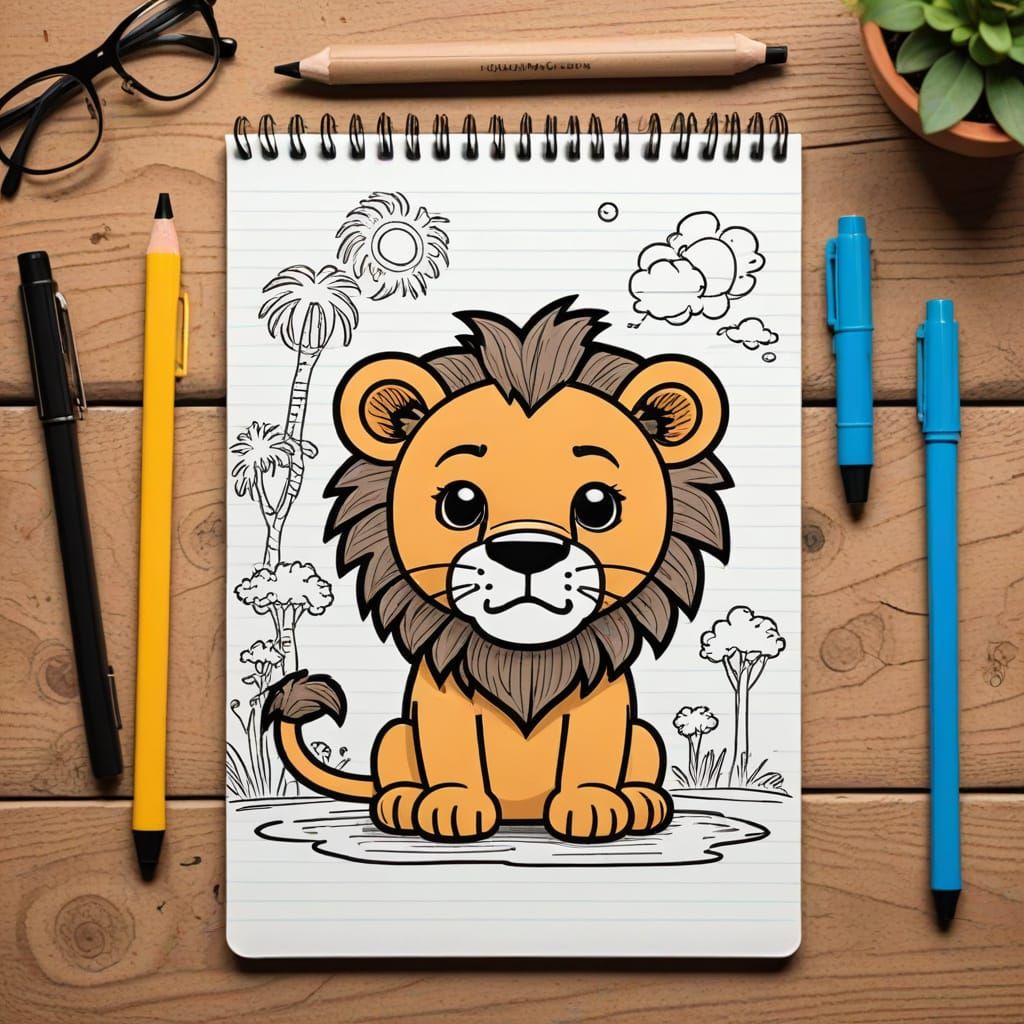 Cute Cartoon Lion in Safari, 2D Line Drawing