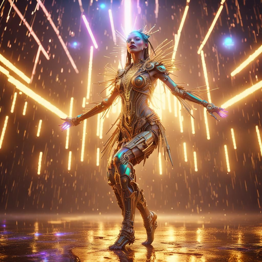 Rainbow Lightning Woman Dancing in Gold Rain