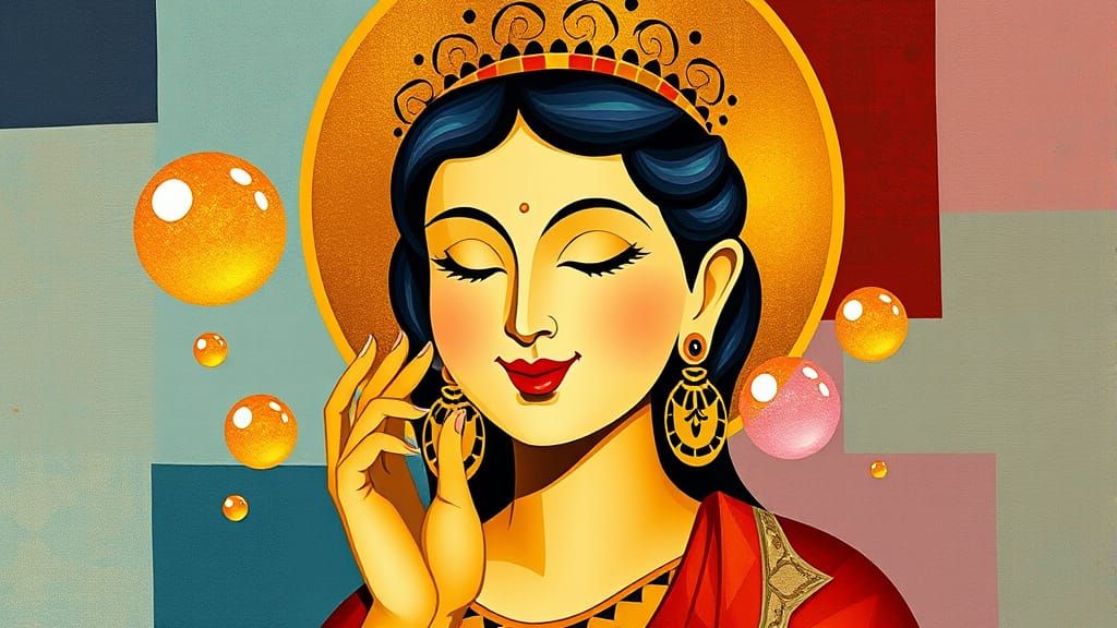 Golden Guanyin Bodhisattva Girl in Abstract Cubism Style