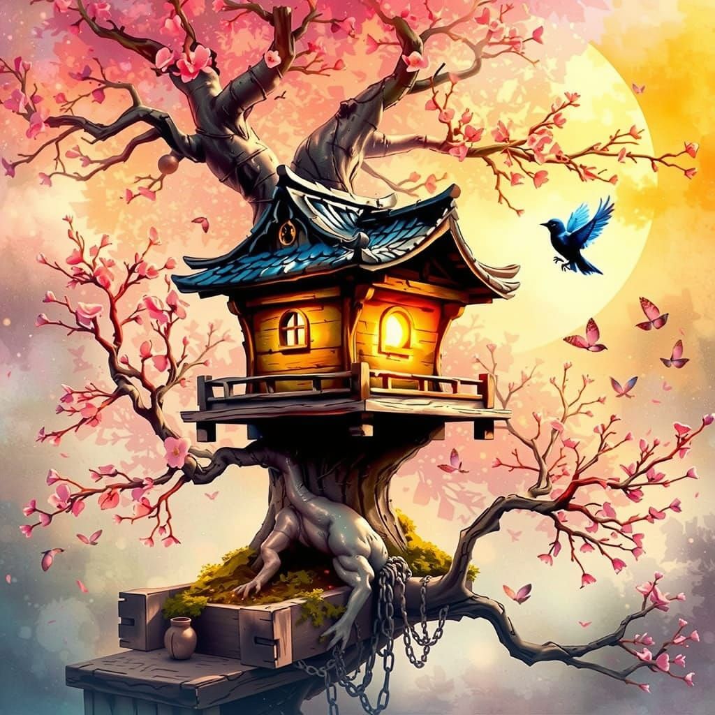 Magical Birdhouse in Bonsai Tree, Fantasy Art