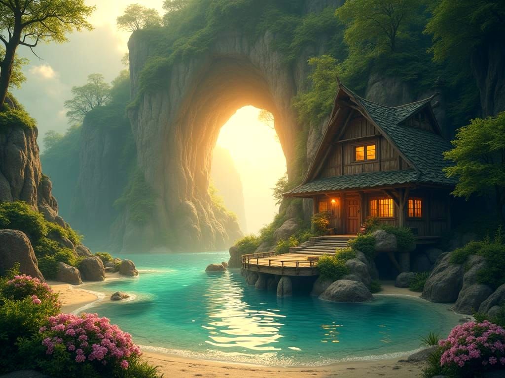 Whimsical Mountain Oasis with Heavenly Tunnels and Beaches