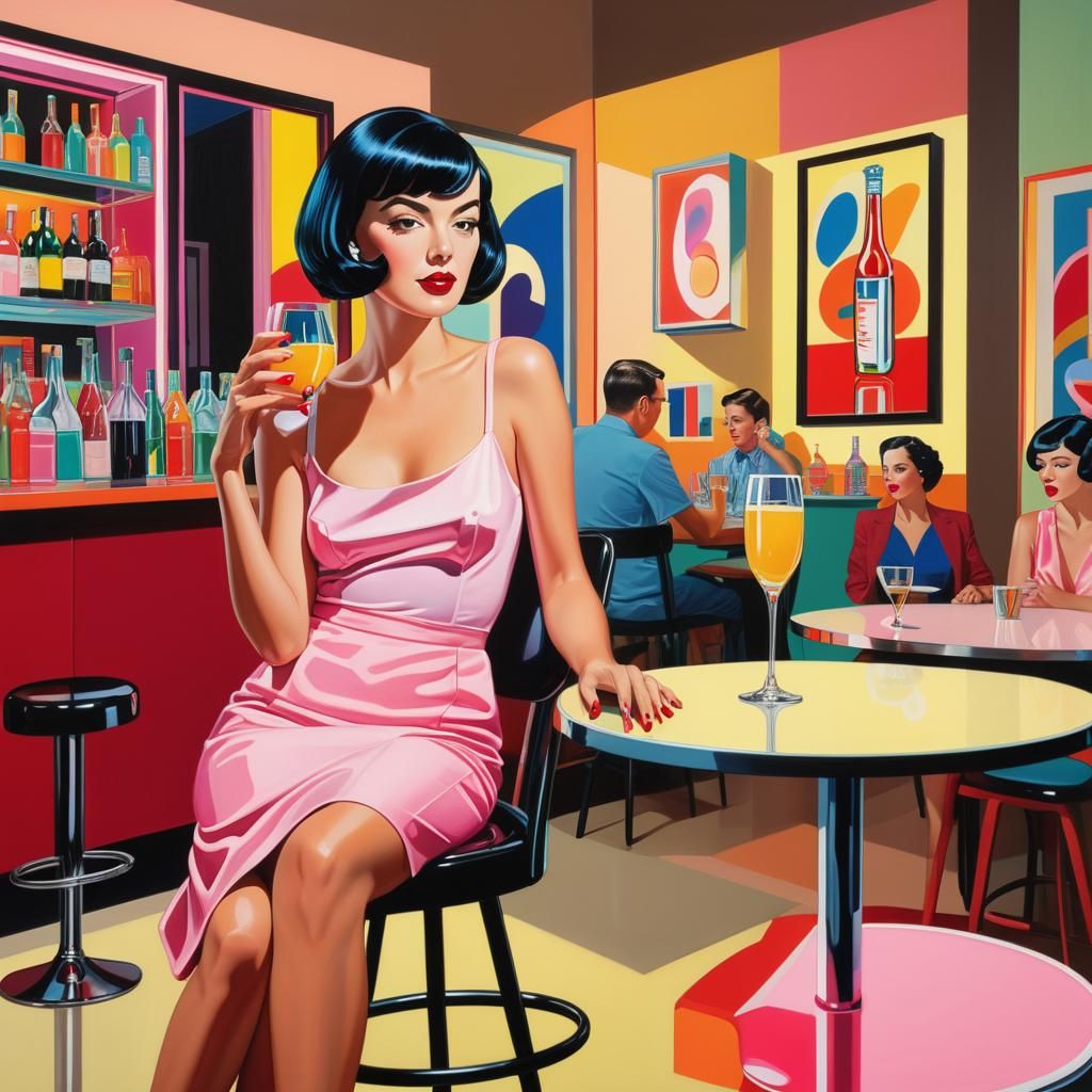 Pop Art Portrait of Woman in Bar with Neon