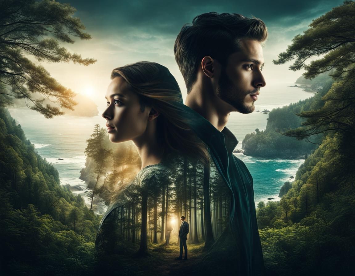 Double Exposure: Man, Forest, Woman, Seashore