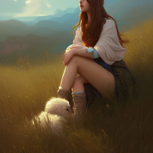 Woman and Puppy Portrait in Hyperdetailed Style